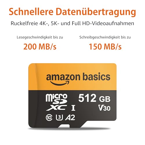 Amazon Basics 512 GB microSD Card | UHS-I U3 A2, up to 200 MB/s, for 4K/5K Video