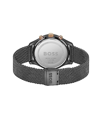 BOSS Chronograph Quarz Uhr für Herren (1513811) mit schwarzes Edelstahl-Mesh-Gliederarmband