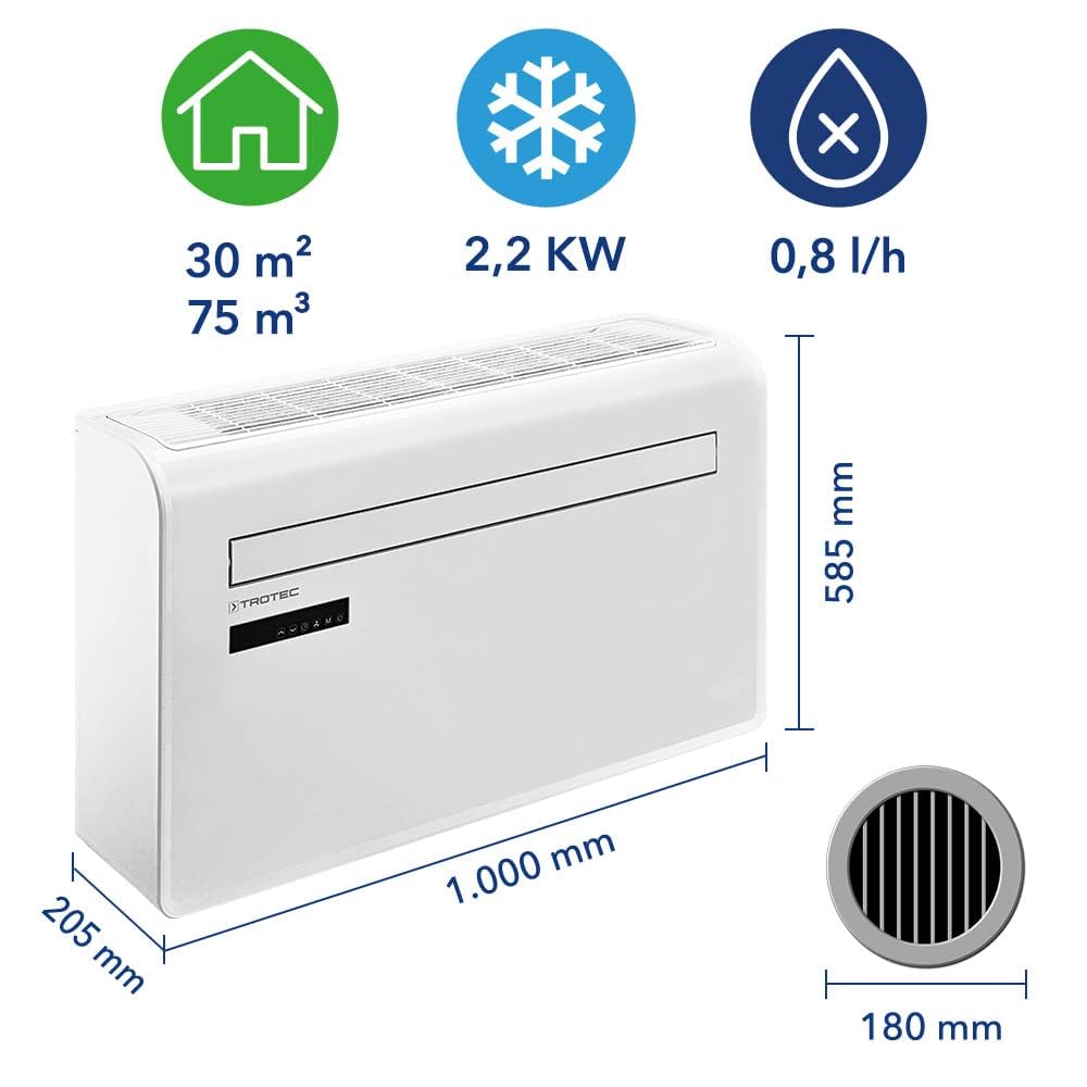 TROTEC Mobile Wall Air Conditioner (PAC-W 2200 S) with 4-in-1 Cooling, Heating, Ventilation: 8000 BTU