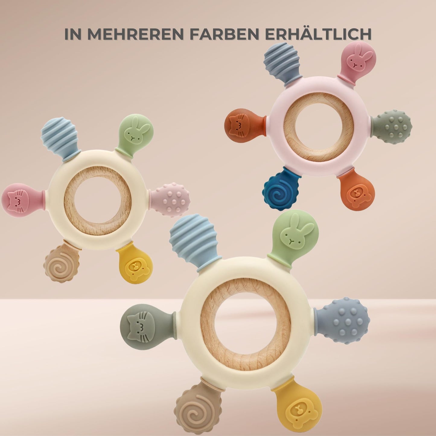 Baby teether for teething aid made of silicone & wood: BPA-free, safe toy