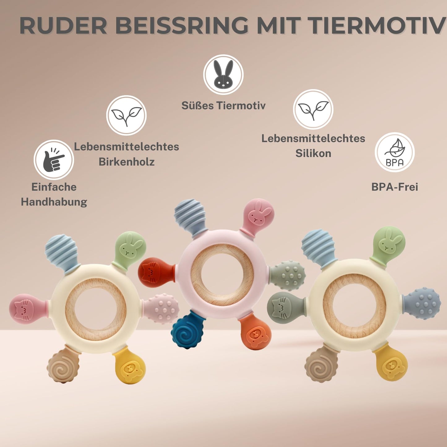 Baby teether for teething aid made of silicone & wood: BPA-free, safe toy