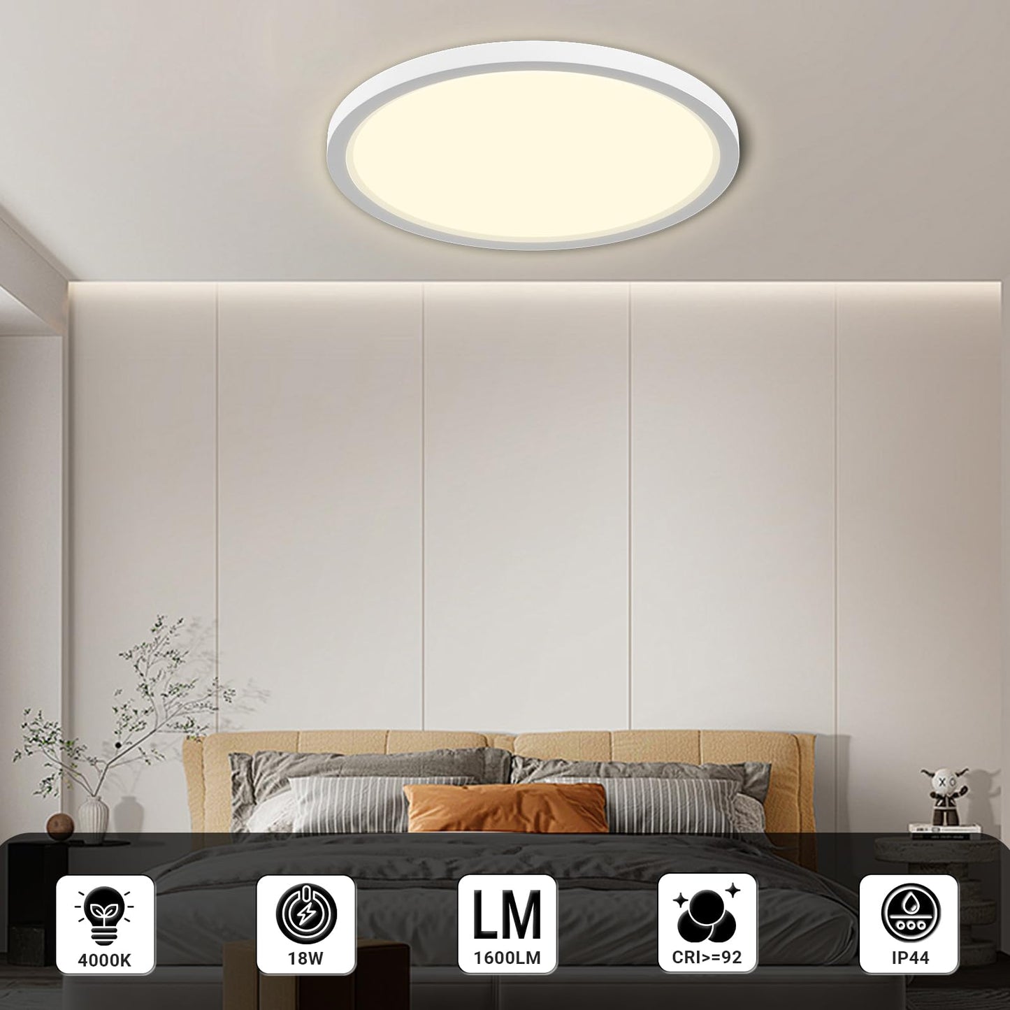 LQWELL® Round-Flat LED Ceiling Light, IP44 Waterproof (18W, 4000K)