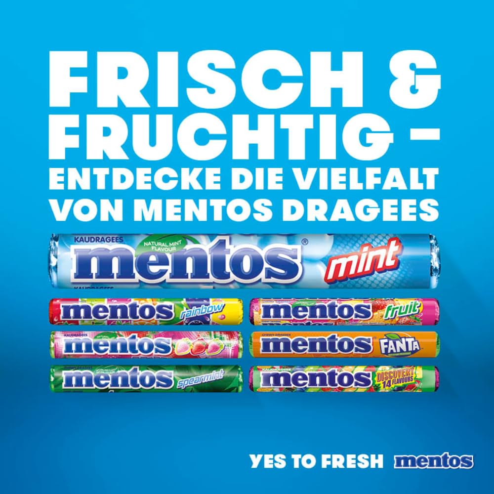 Mentos Fruit Dragees, fruit candies with orange, lemon, strawberry, chewy candies with fruity flavor, candy multipack (40 rolls), vegan