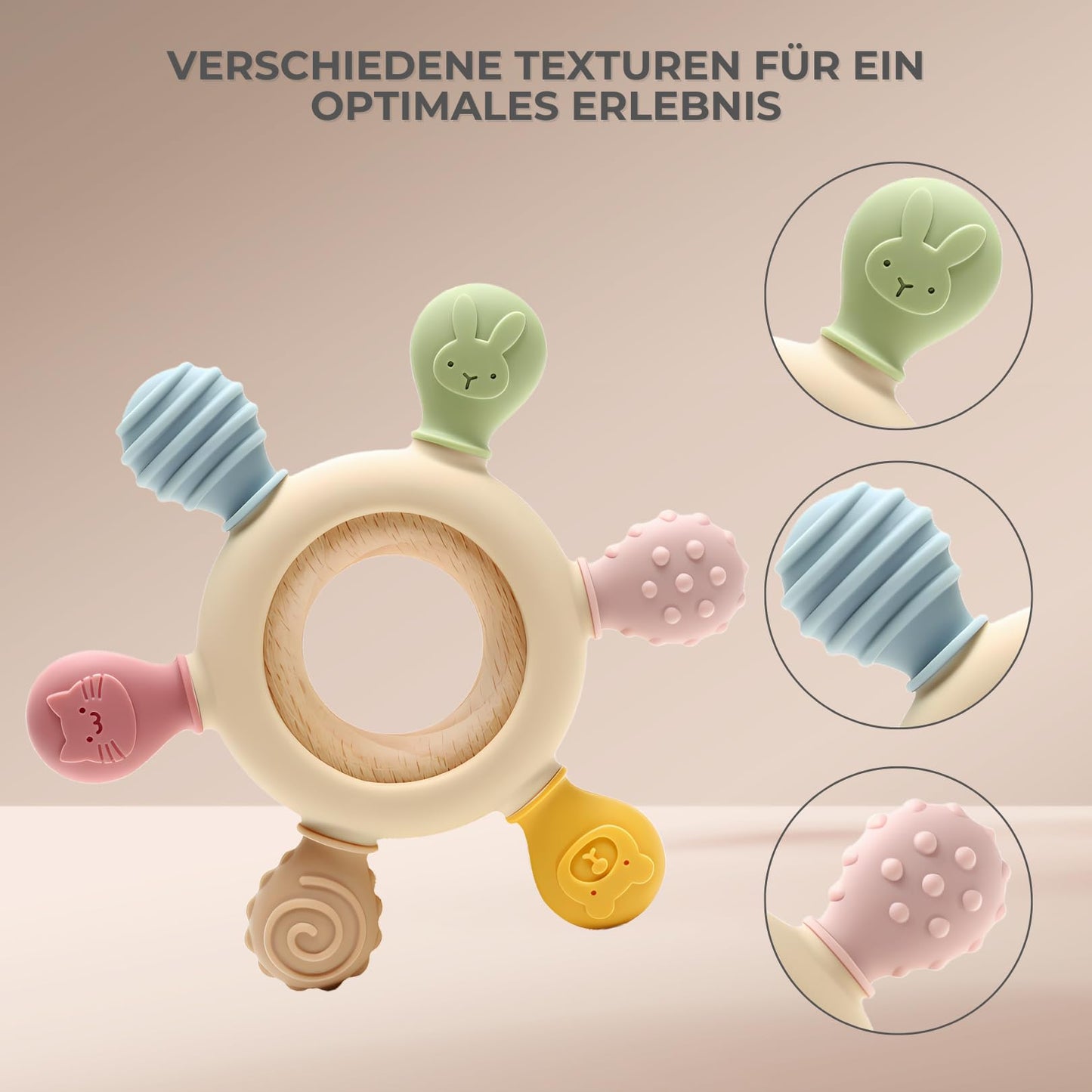 Baby teether for teething aid made of silicone & wood: BPA-free, safe toy