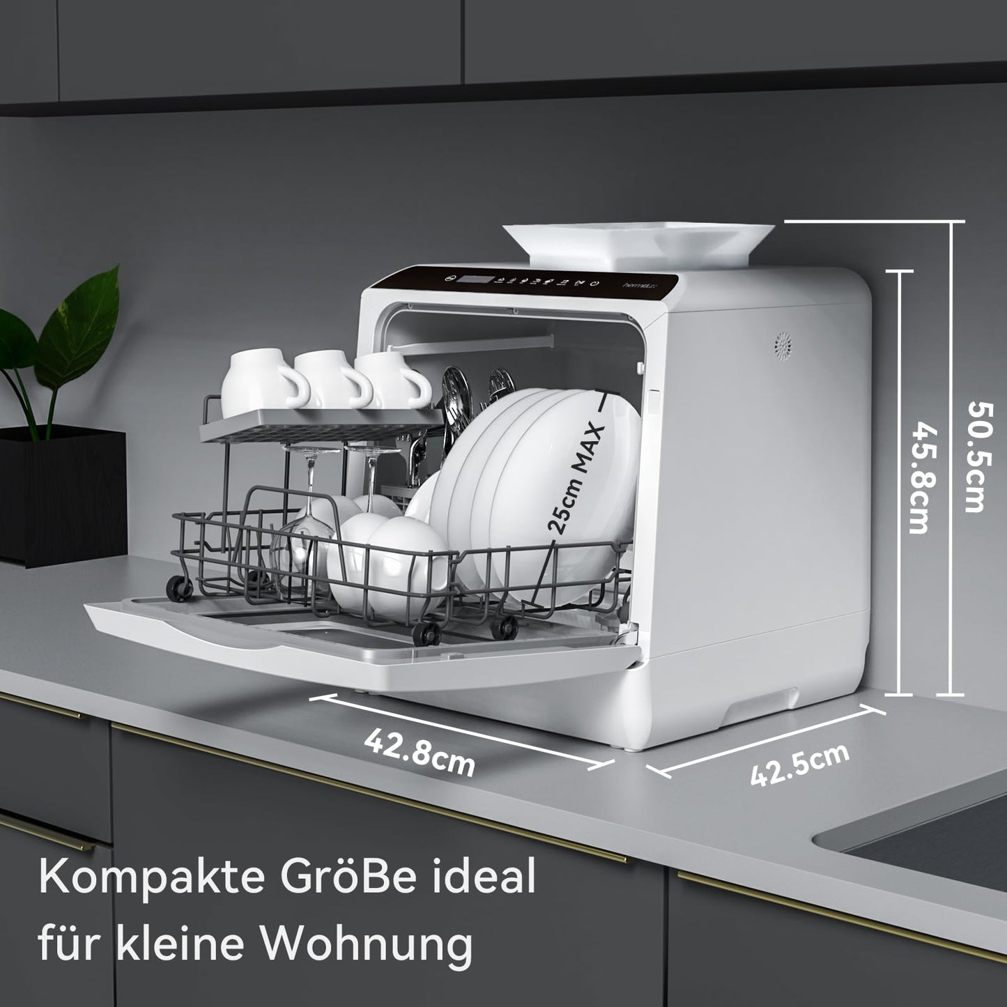 Hermitlux mini dishwasher for 4 sets of cutlery, 5 litre water tank, 6 programmes