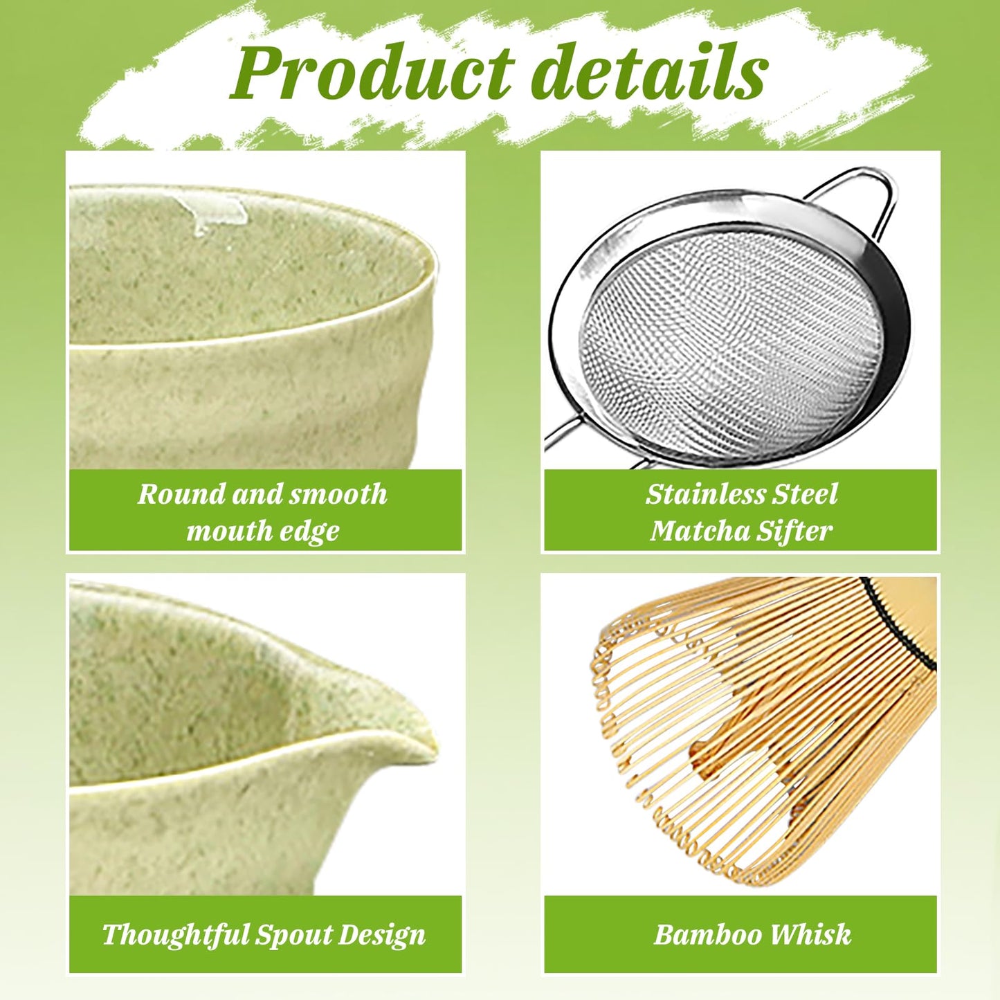 Matcha set, Japanese tea set, matcha bowl, scoop, sieve, matcha whisk holder, matcha whisk stand, matcha tea set (light green)