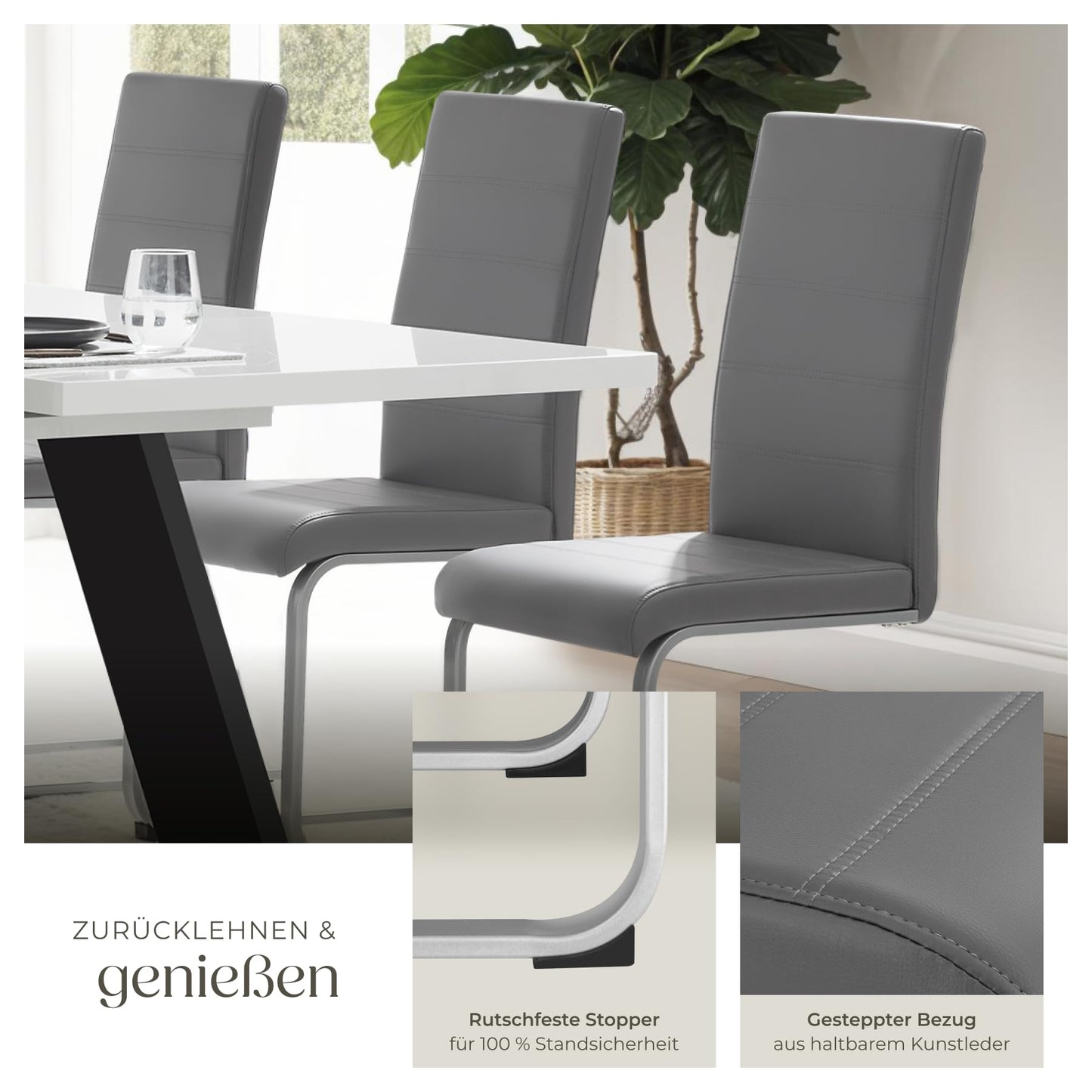 tectake® 2er Set Esszimmerstühle | Modern, bequem und vielseitig einsetzbar (Grau)