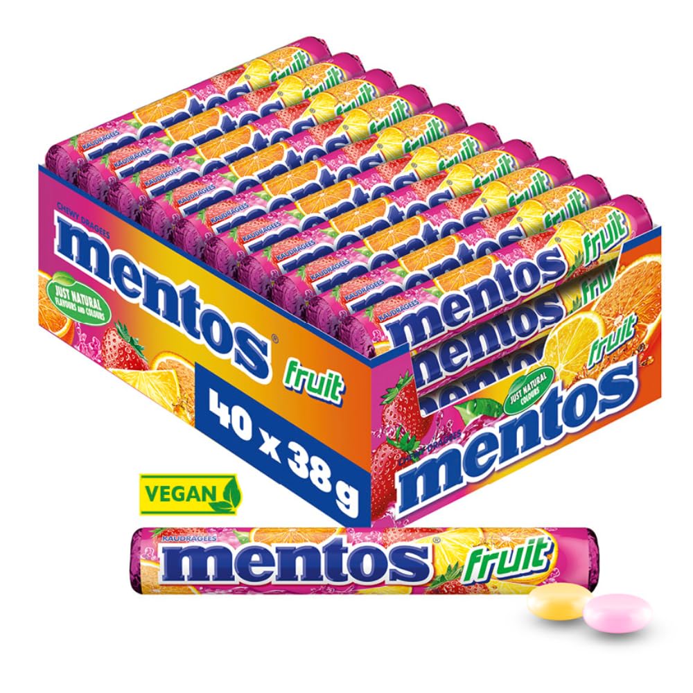 Mentos Fruit Dragees, fruit candies with orange, lemon, strawberry, chewy candies with fruity flavor, candy multipack (40 rolls), vegan