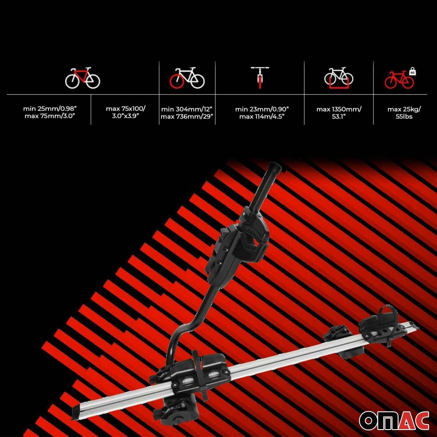 OMAC Farad P-Style roof bike rack for bikes up to 25 kg | TÜV-approved, steel