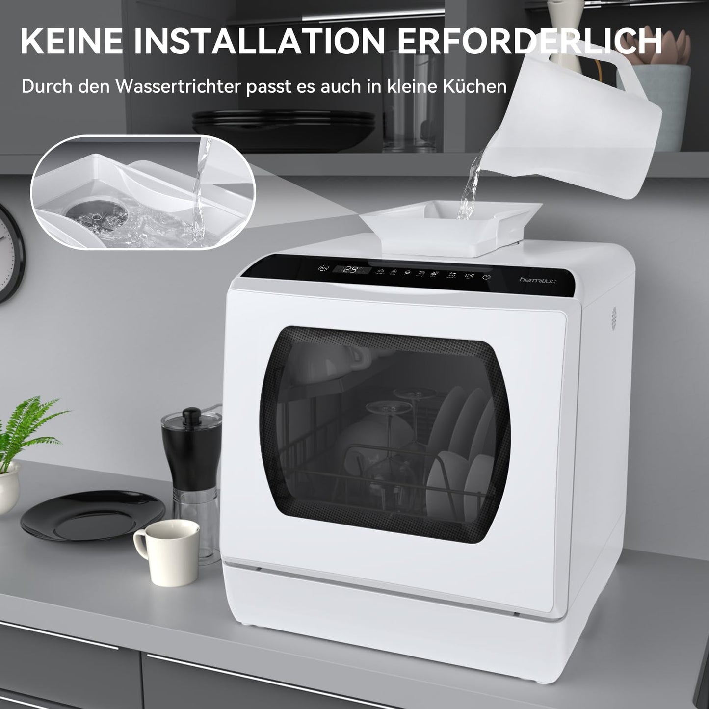 Hermitlux mini dishwasher for 4 sets of cutlery, 5 litre water tank, 6 programmes