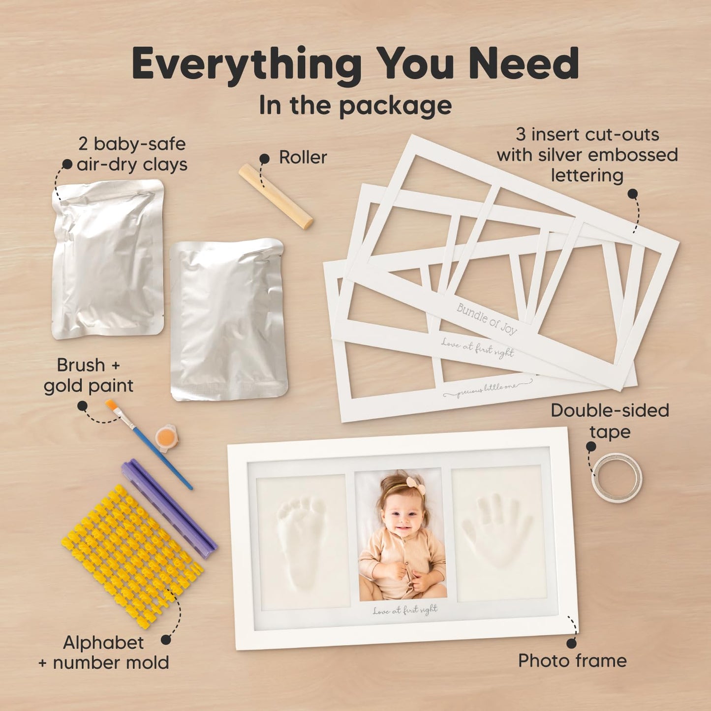 Baby hand and footprint set made of plaster for newborns including photo frame (Alpine White)