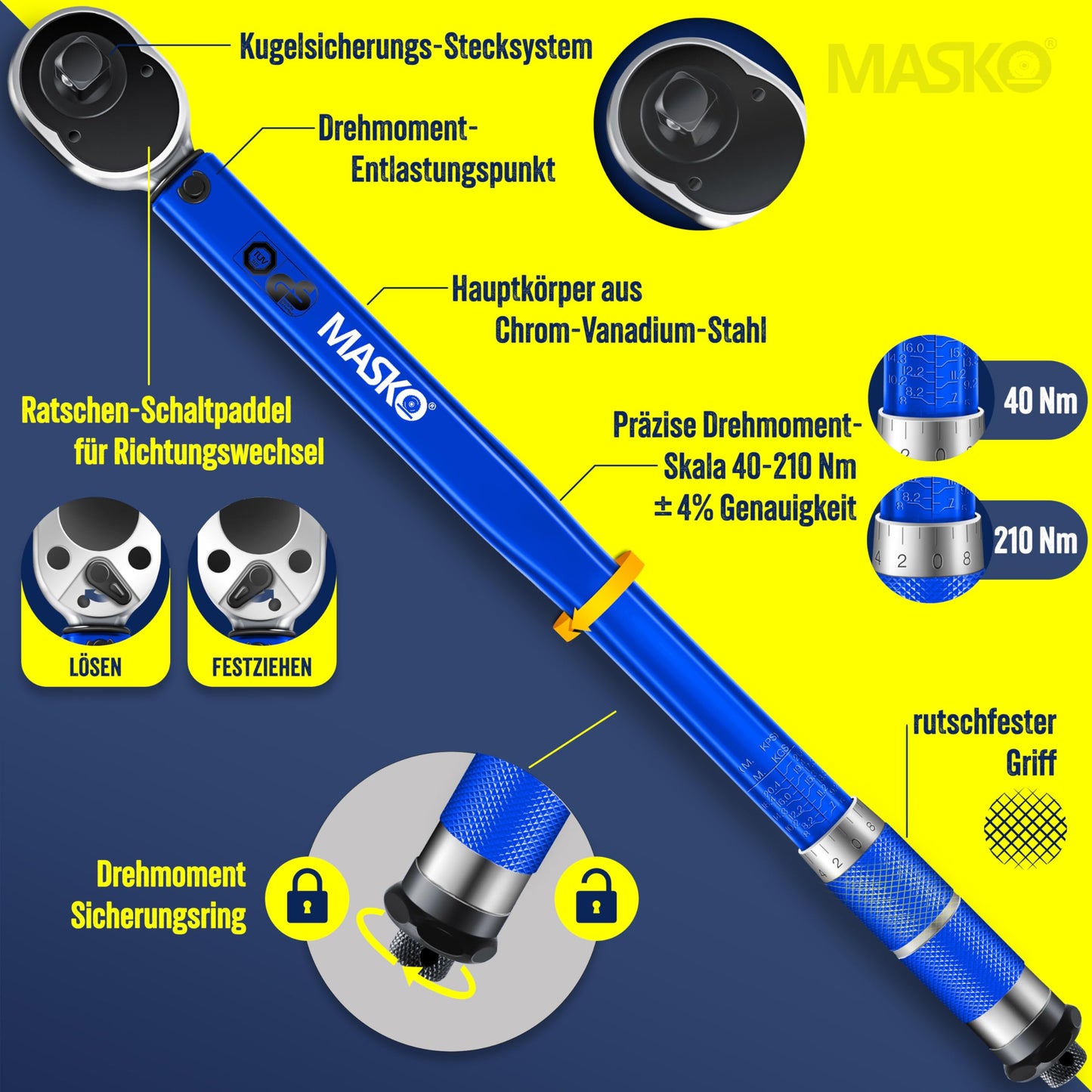 MASKO® Drehmomentschlüssel (6-teilig): 40-210Nm 1/2' CV inkl. 3 Stecknüsse + Montagehandschuhe Koffer