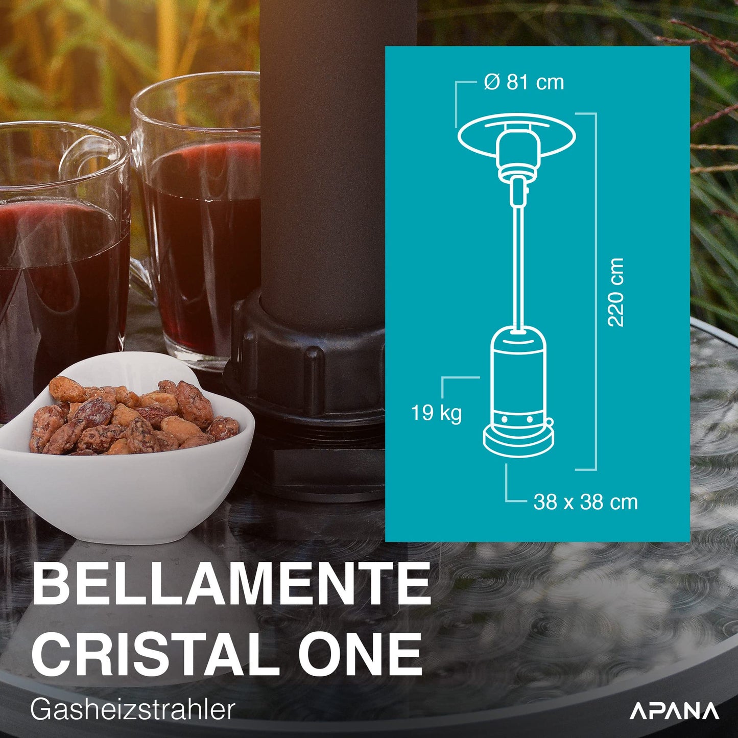 APANA 'Bellamente ONE' gas heater (14kW) for garden with transport wheels & automatic switch-off