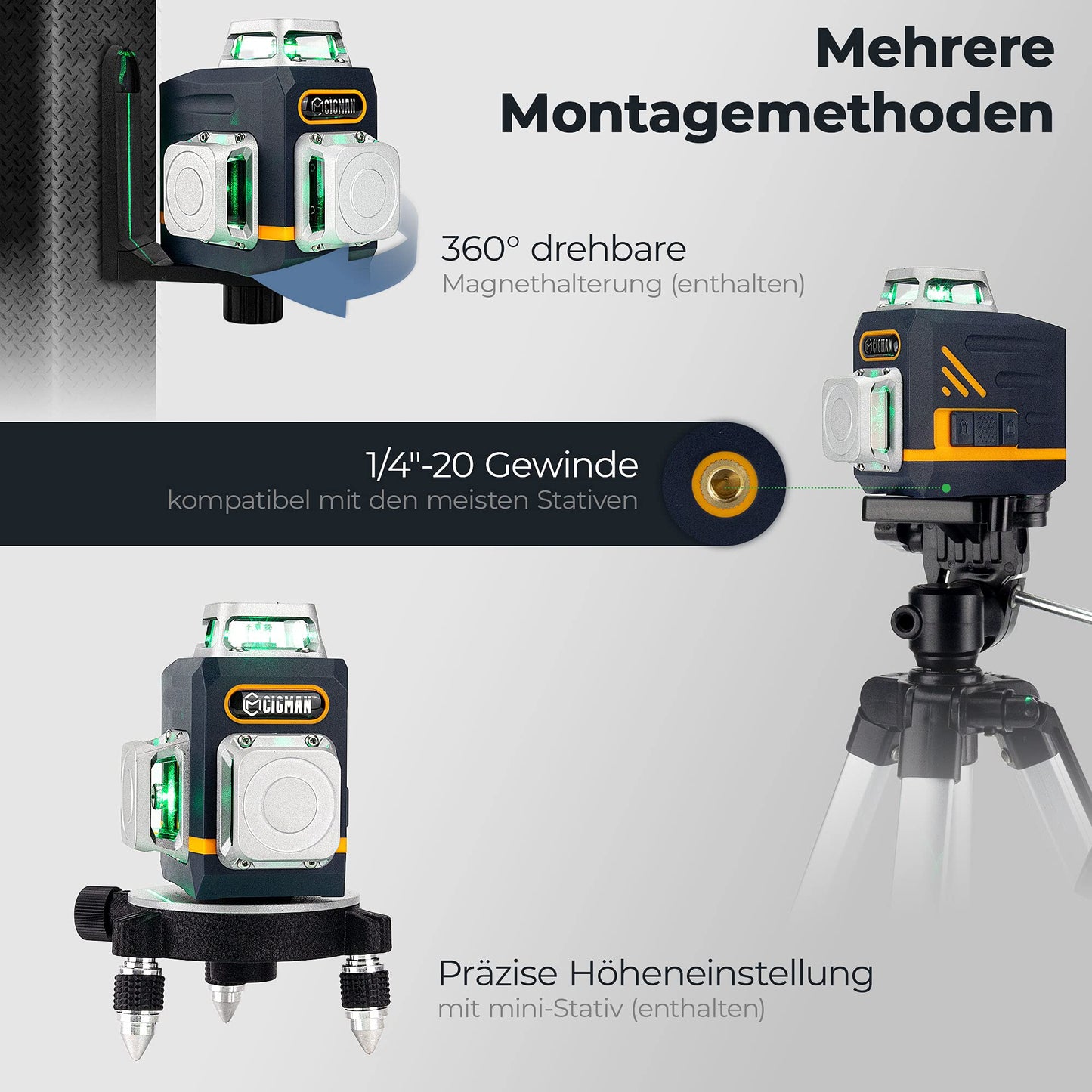Cross line laser, CIGMAN (3x360 degrees) Green: Self-leveling laser spirit level, construction laser