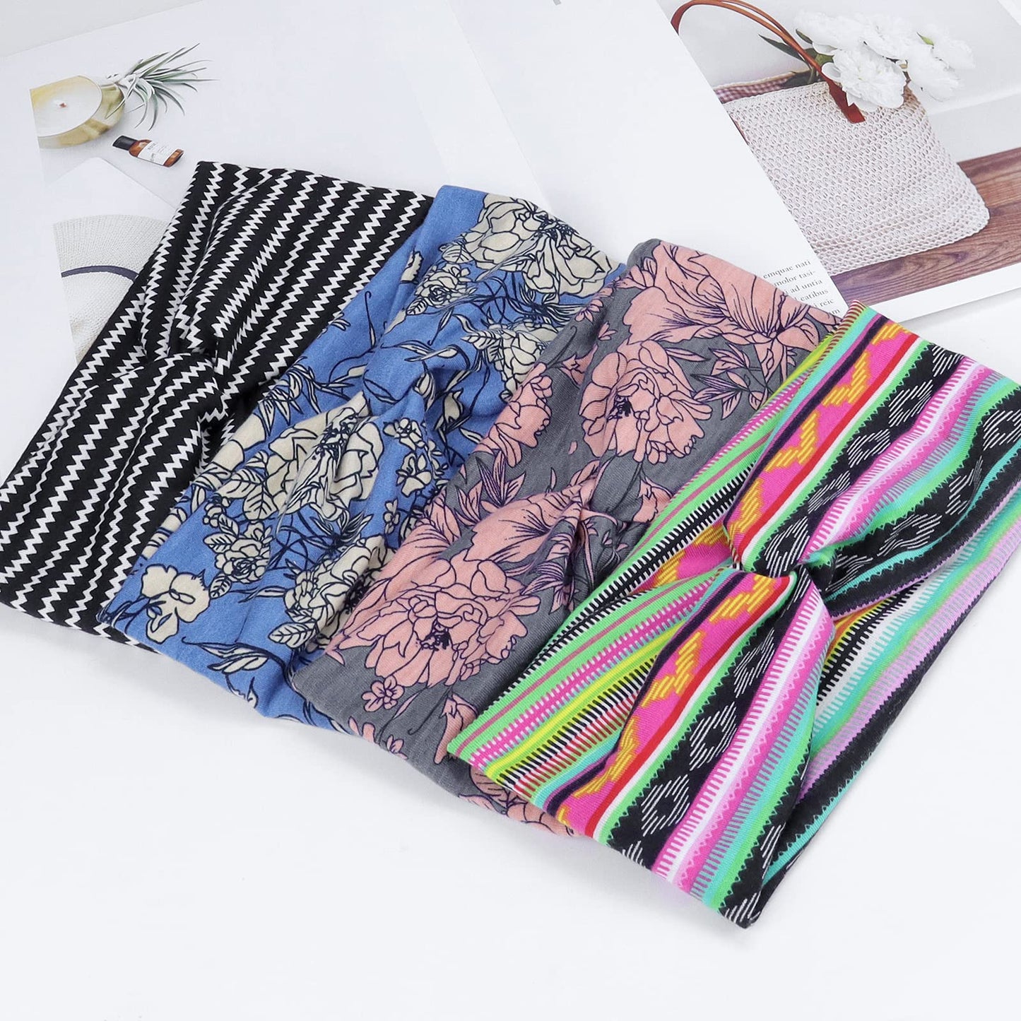 Kavya Summer Boho Elastic Soft Headbands & Hairbands for Women (6 Pack - Multicolored)