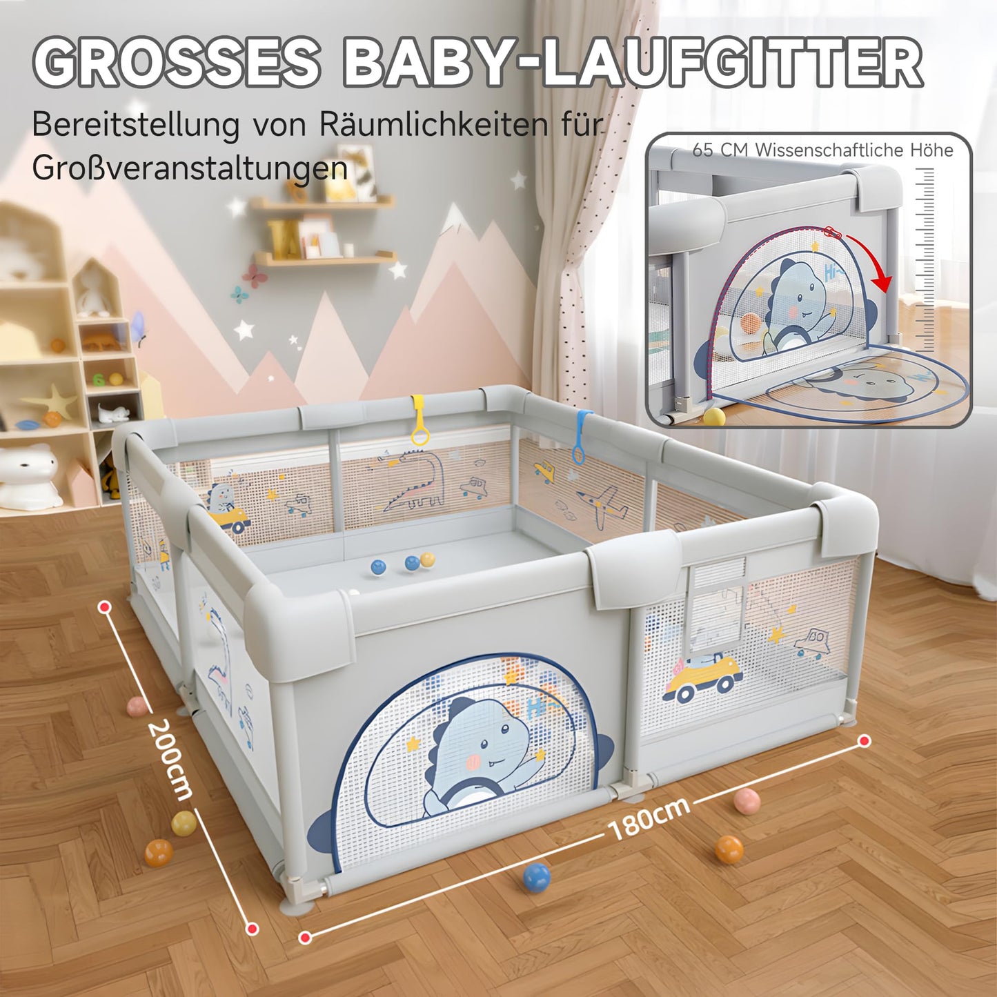 Laufgitter Baby mit rutschfestem Boden (200x180cm) inkl. 60 Seebälle, 4 Griffe, Playpen, Aufbewahrungstasche