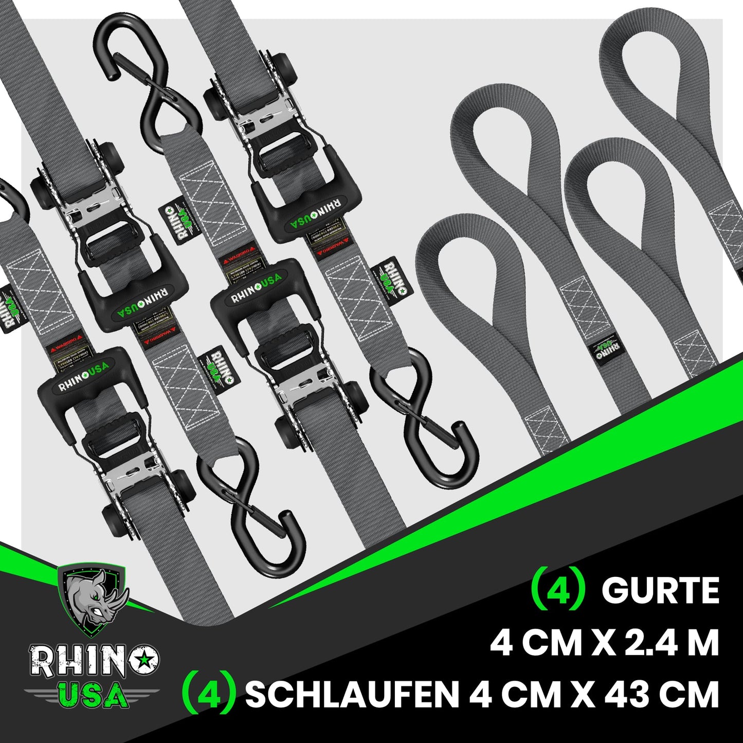 Rhino USA Ratchet Tie Down Straps (4-pack): 2000kg Tensile Strength in Gray
