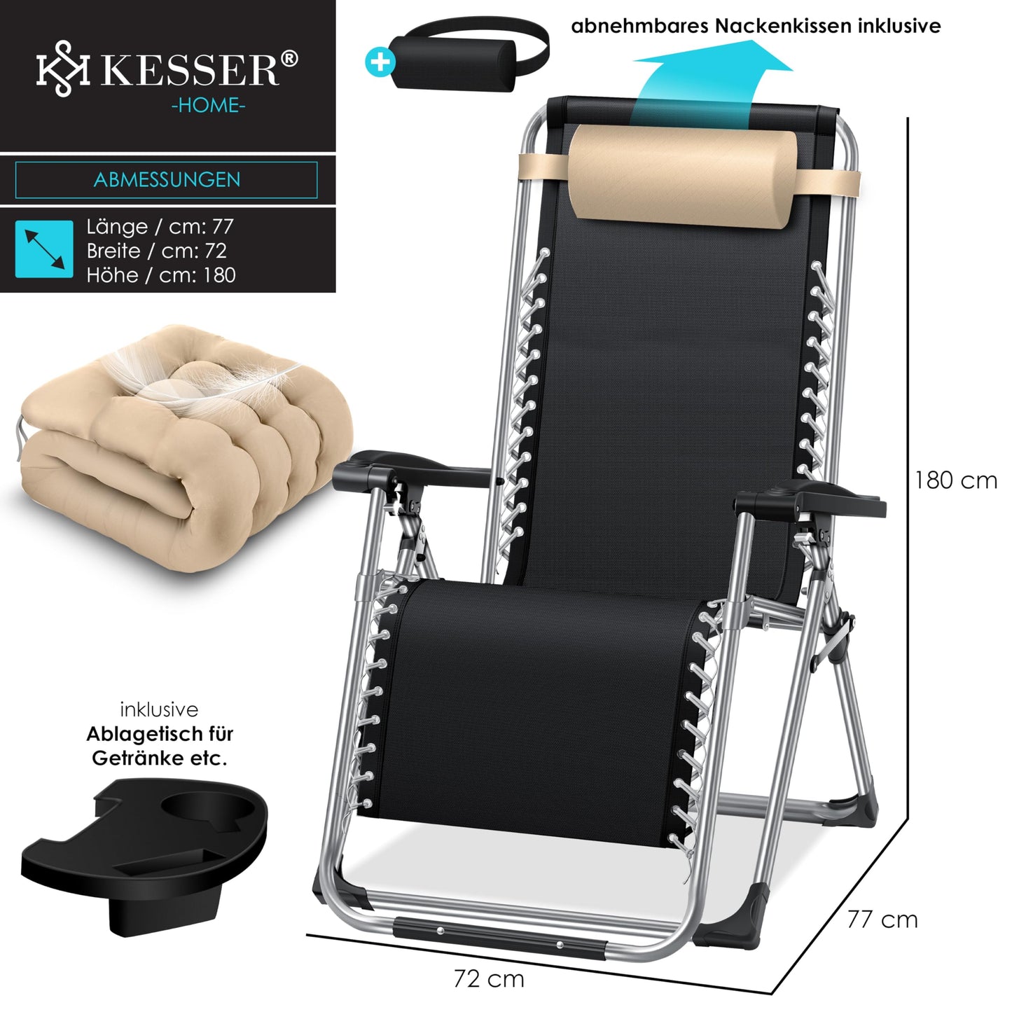 KESSER® sun lounger: Foldable & weatherproof including neck pillow & cup holder