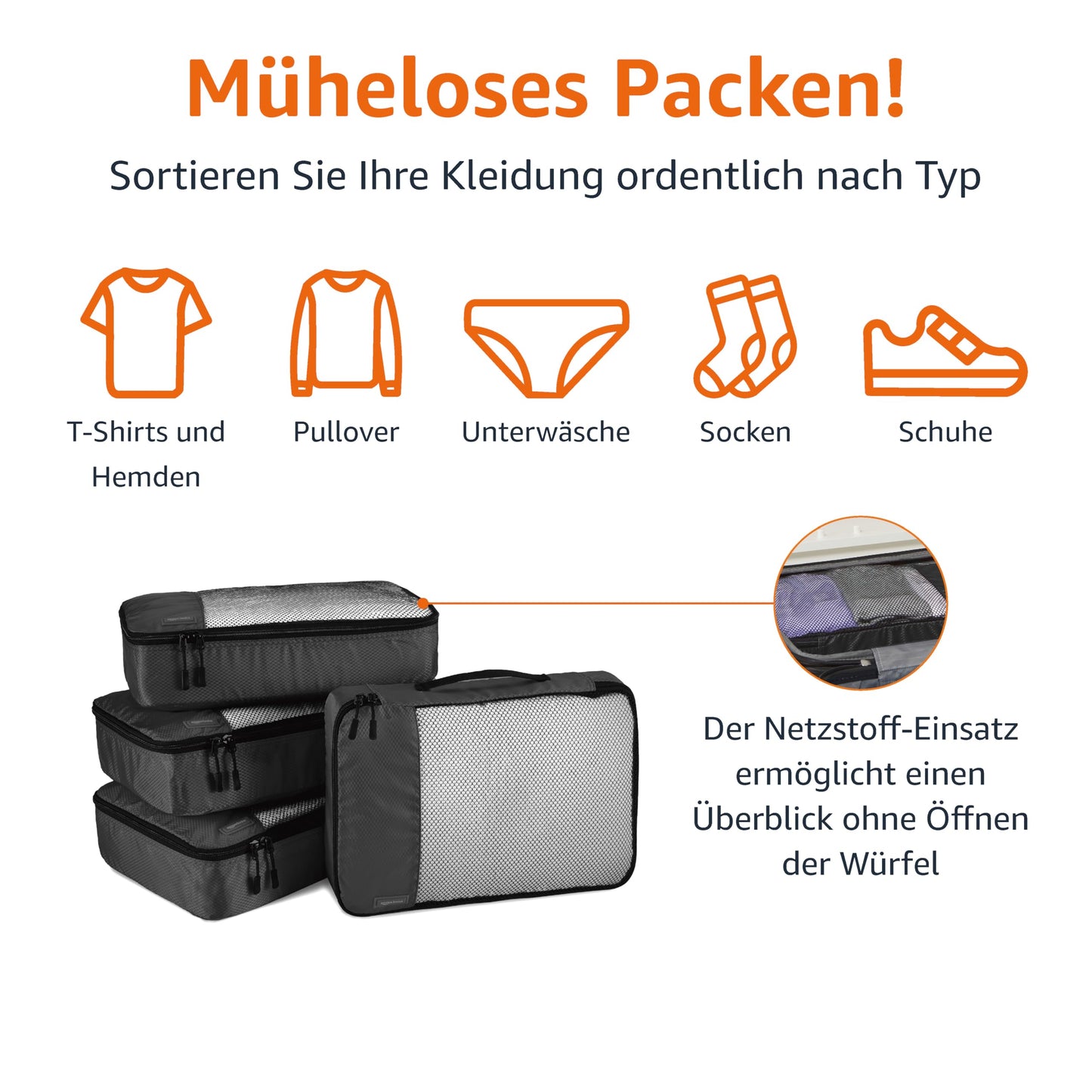 Amazon Basics Packing Cube Set for Suitcase, Travel Organizer, Zipper, 4 Pieces, 1 Pack, Medium, Black