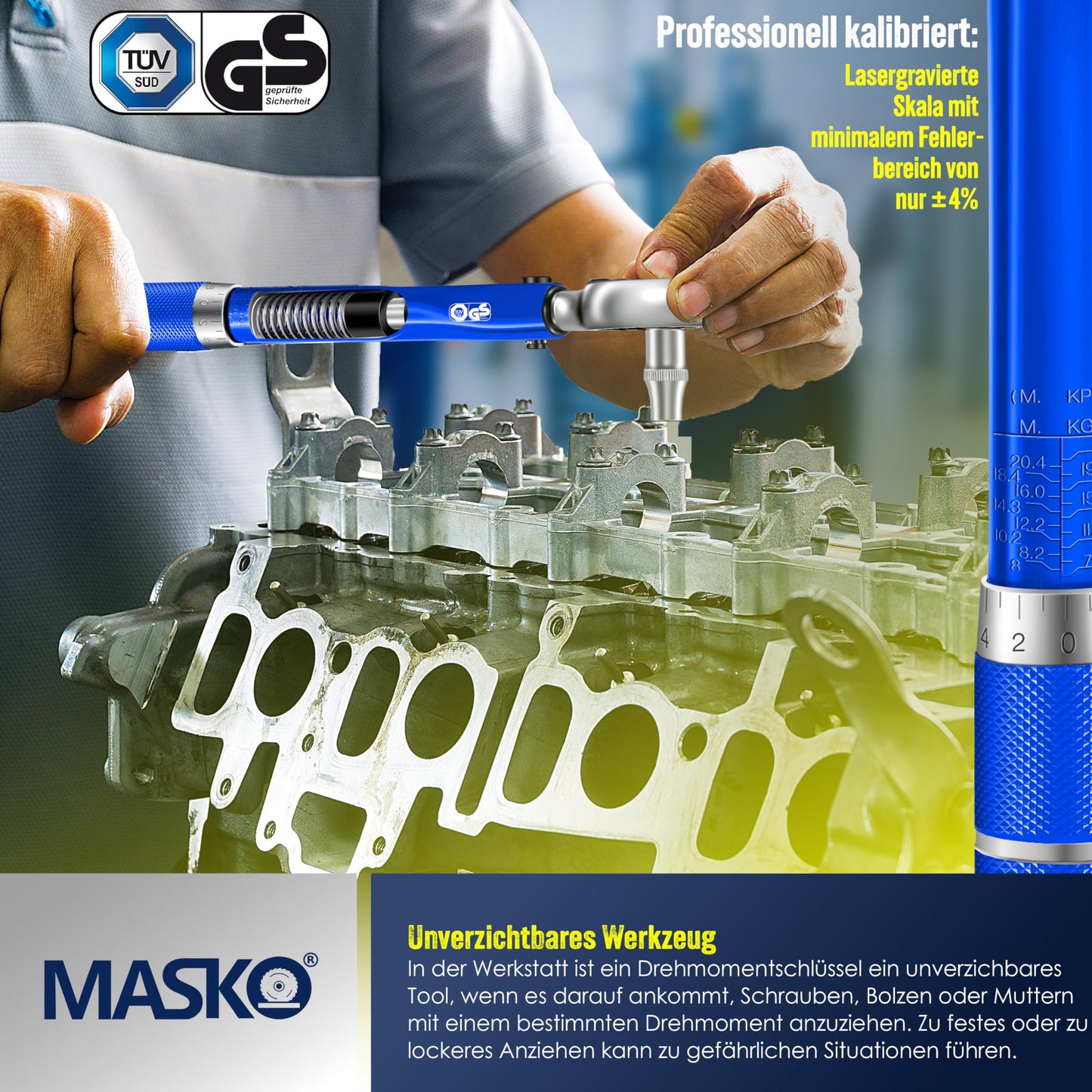MASKO® Drehmomentschlüssel (6-teilig): 40-210Nm 1/2' CV inkl. 3 Stecknüsse + Montagehandschuhe Koffer