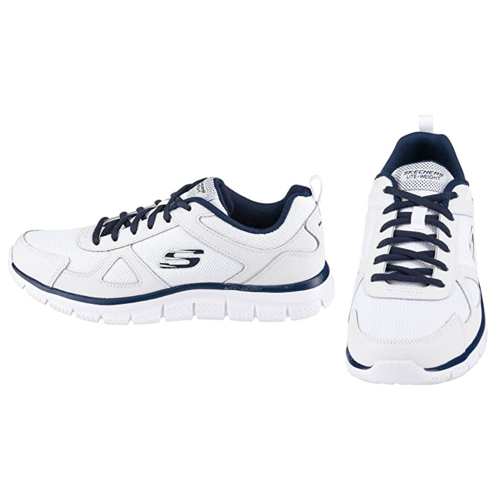 Skechers Track Scloric Men's Sneaker: White Leather Mesh Pu Navy Trim
