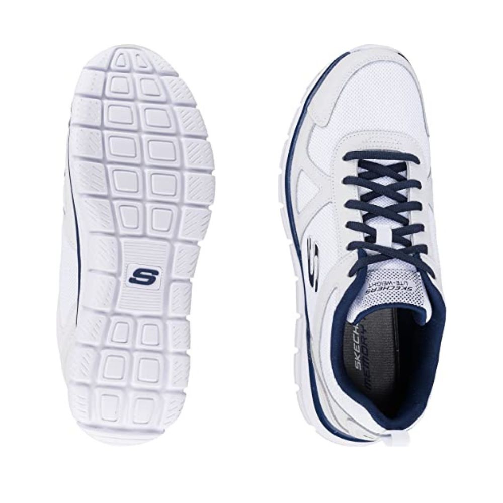 Skechers Track Scloric Men's Sneaker: White Leather Mesh Pu Navy Trim