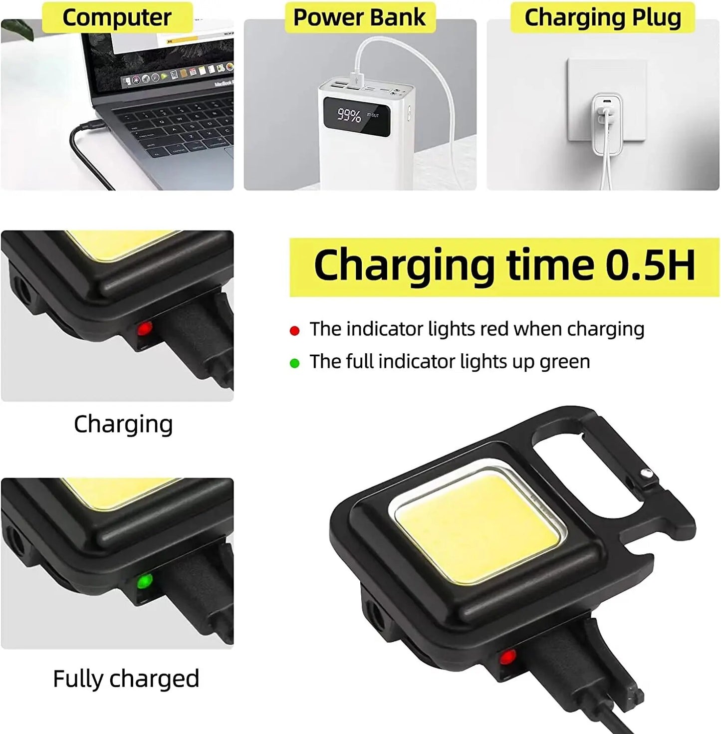 Porte-clés COB LED | 3 modes d'éclairage, pliable, rechargeable
