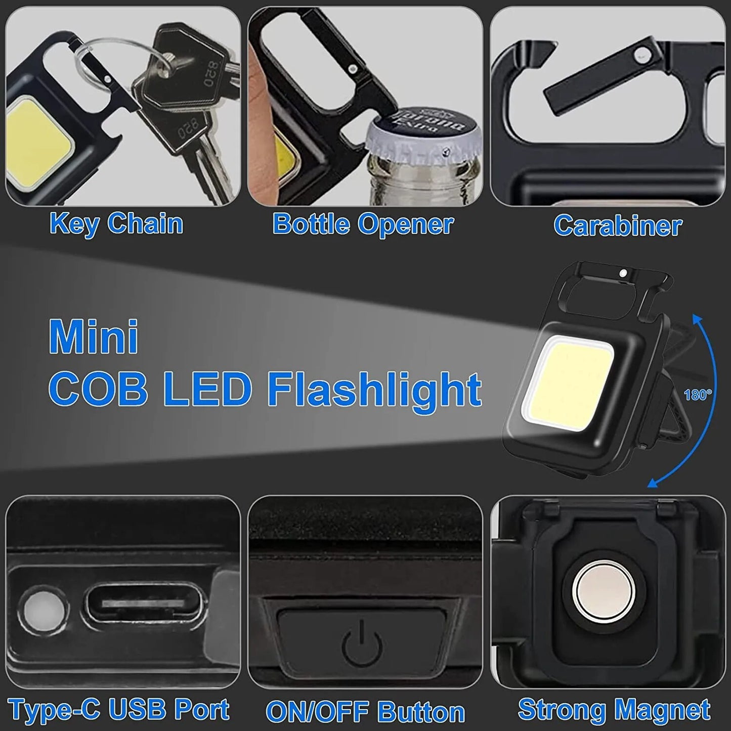 Porte-clés COB LED | 3 modes d'éclairage, pliable, rechargeable