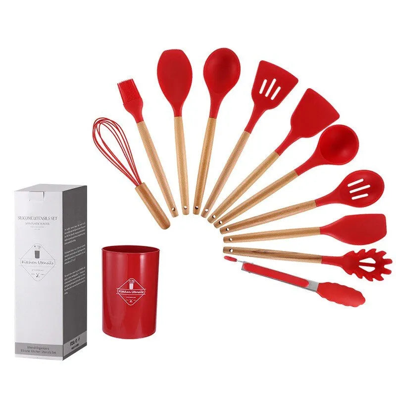 Ensemble d'ustensiles de cuisine en silicone premium de 12 pièces : manche en bois antiadhésif