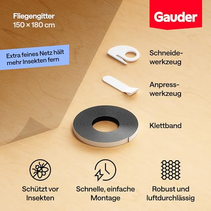 GAUDER Fliegengitter 150x180cm (Schwarz) | Insektenschutz ohne Bohren
