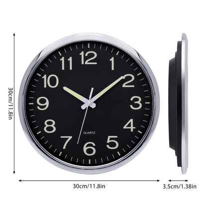 VINILITE Luminous Night Light Wall Clock (30cm) without ticking noise: Battery-operated for living room, bedroom, office