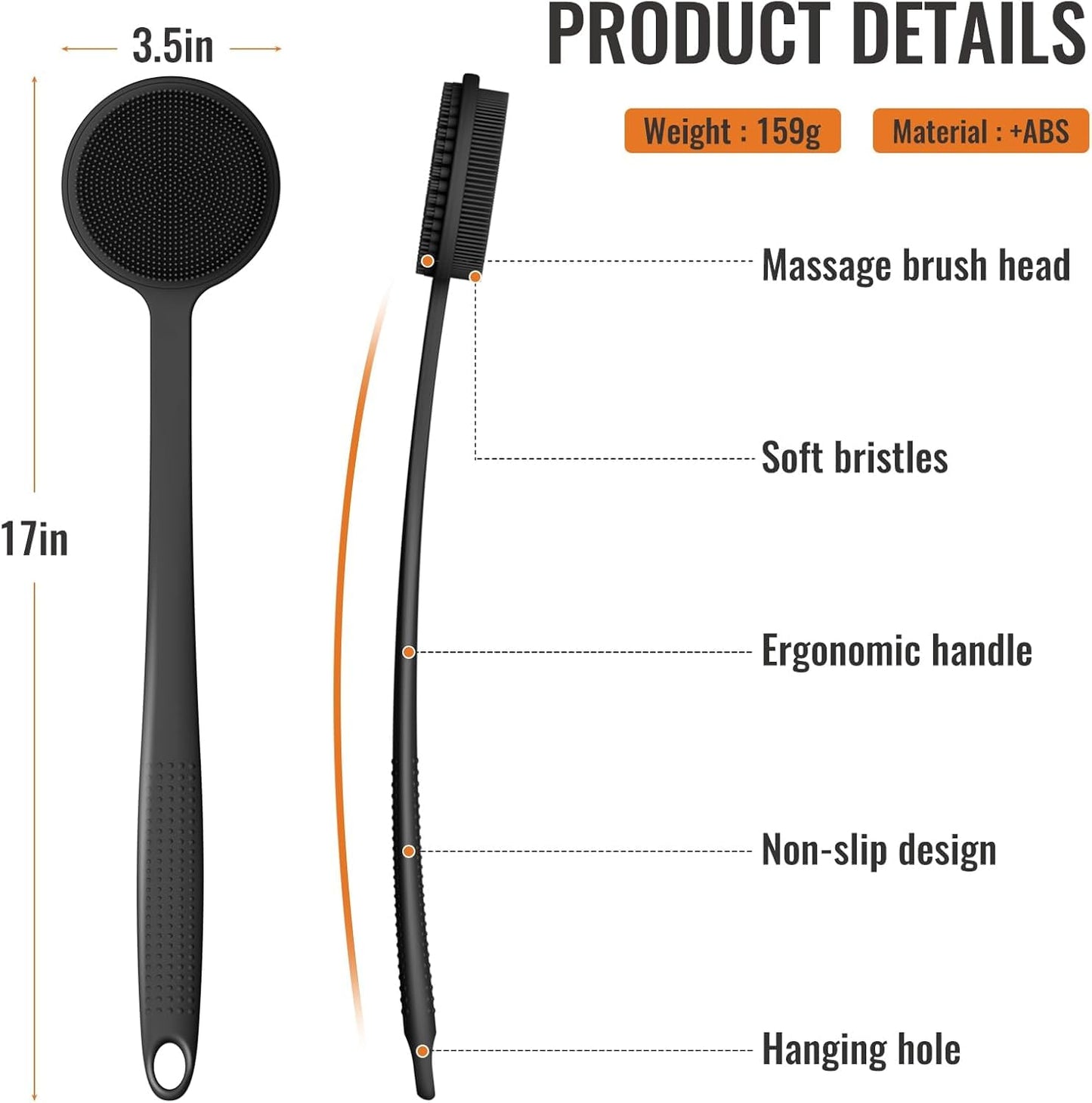 Silicone body scrubber for shower exfoliation and massage: back scrubber with long handle