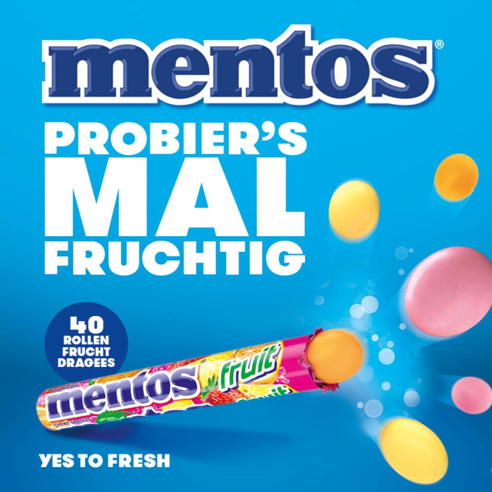 Mentos Fruit Dragees, fruit candies with orange, lemon, strawberry, chewy candies with fruity flavor, candy multipack (40 rolls), vegan