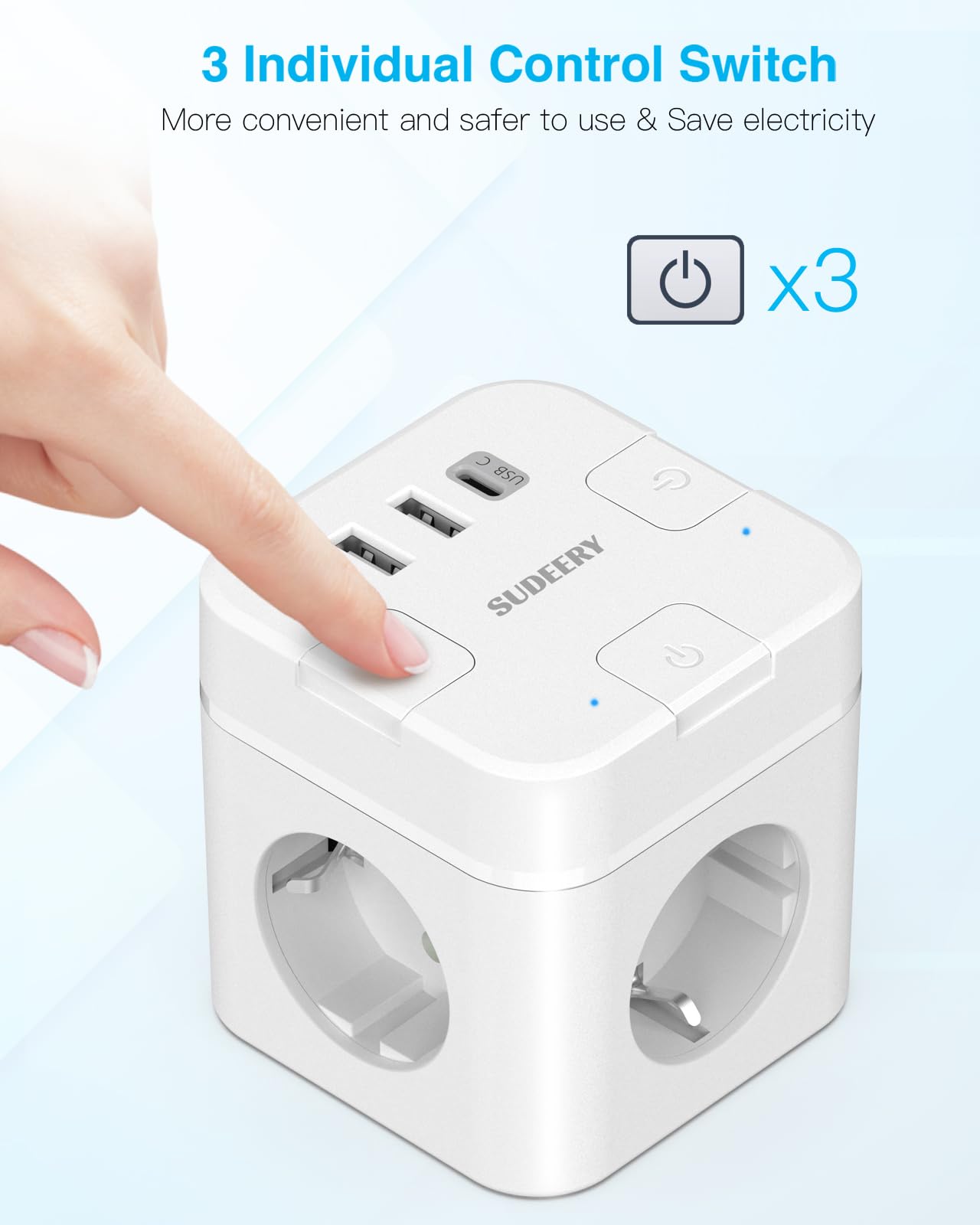 6-in-1 Steckdosenwürfel (2m Kabel) mit USB-C: Einzeln Schaltbar für Büro, Haus, Reisen