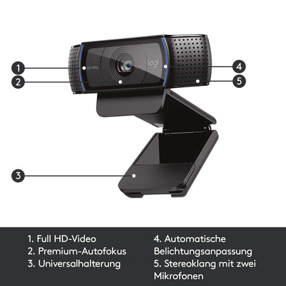 Logitech C920 HD PRO Webcam, Full HD 1080p, 78° field of view, autofocus, clear stereo sound, exposure compensation, USB connection, for Skype, FaceTime, Hangouts, etc., PC/Mac/ChromeOS/Android - Black