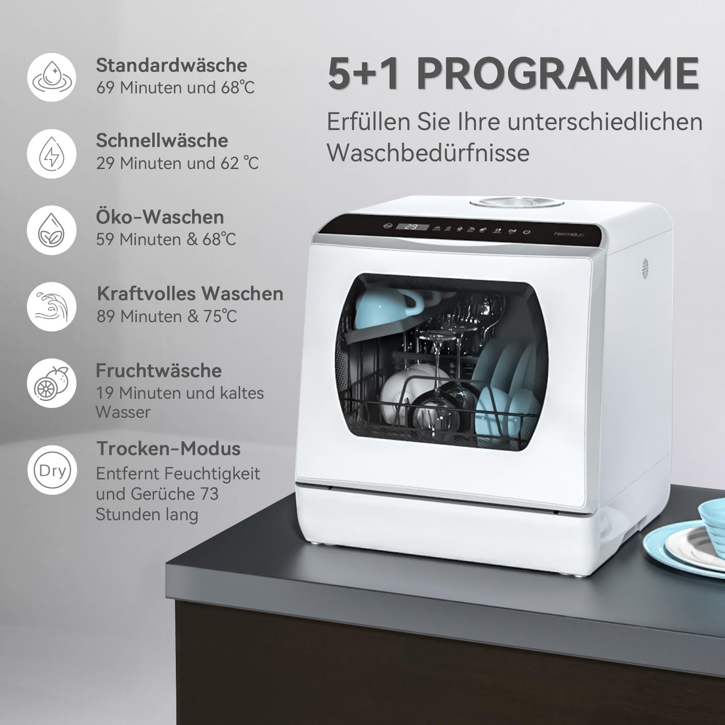 Hermitlux mini dishwasher for 4 sets of cutlery, 5 litre water tank, 6 programmes 
