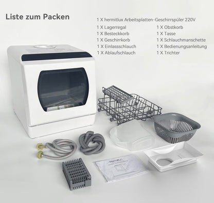 Hermitlux mini dishwasher for 4 sets of cutlery, 5 litre water tank, 6 programmes 
