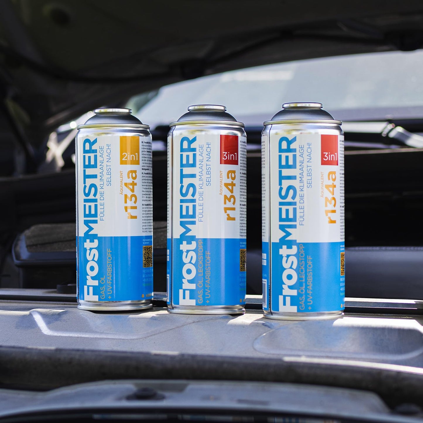 FrostMEISTER 3-in-1 car air conditioning refill kit for R134a (2x 400ml cans &amp; hose with pressure gauge)