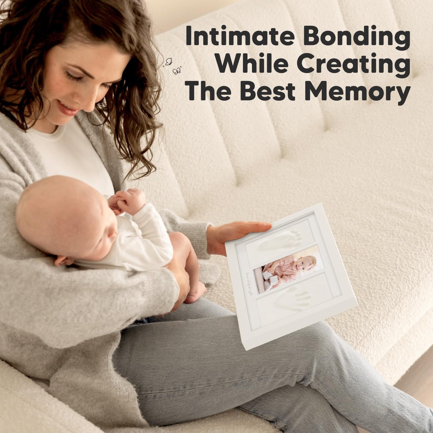 Baby hand and footprint set made of plaster for newborns including photo frame (Alpine White)
