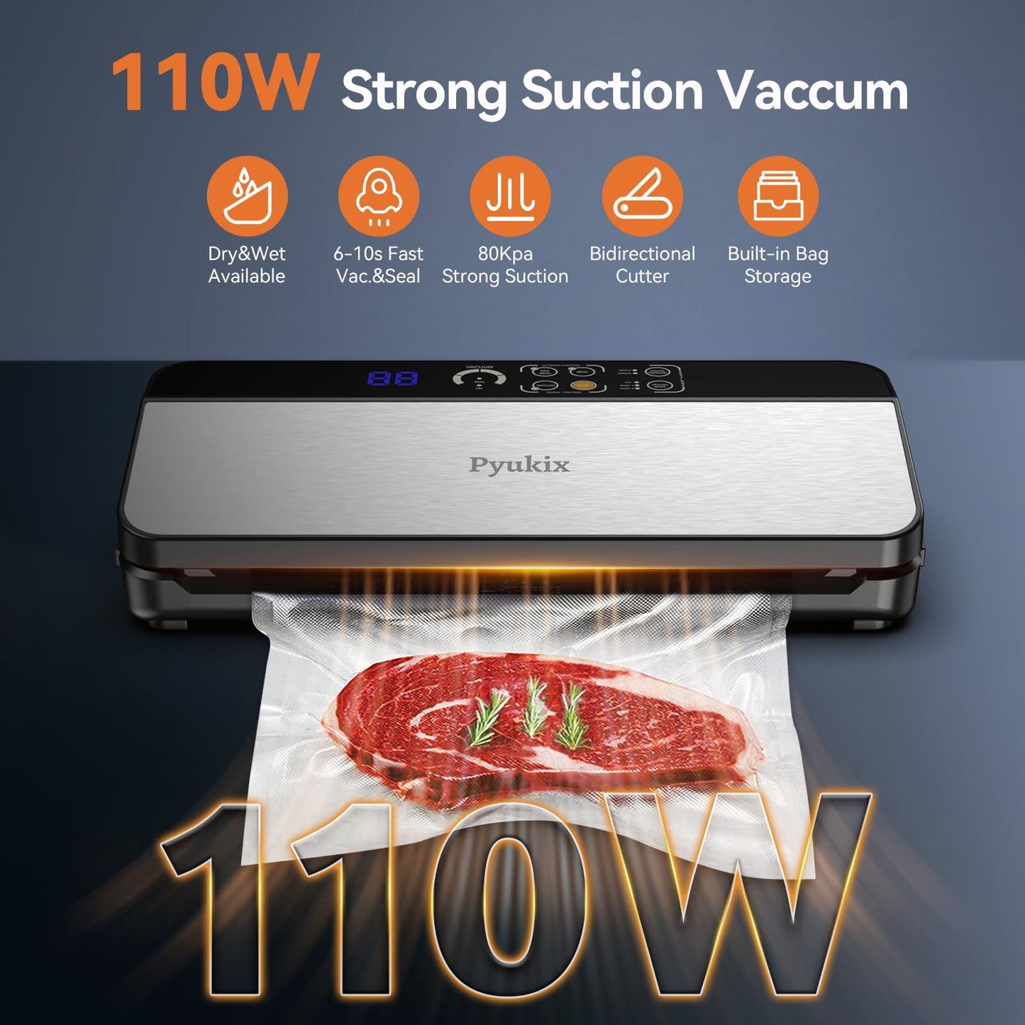 8-in-1 Vacuum Sealer 80 KPA | Food Dry/Moist Mode with Built-in Cutter, Digital Countdown