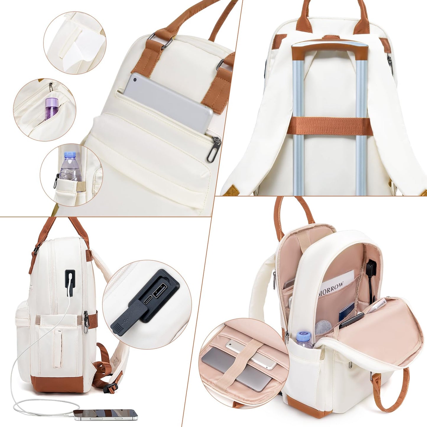 COOLIFE hard-shell travel suitcase set (5 pieces): ABS, 4 wheels, TSA lock | White-brown