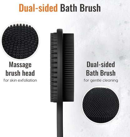 Silicone body scrubber for shower exfoliation and massage: back scrubber with long handle