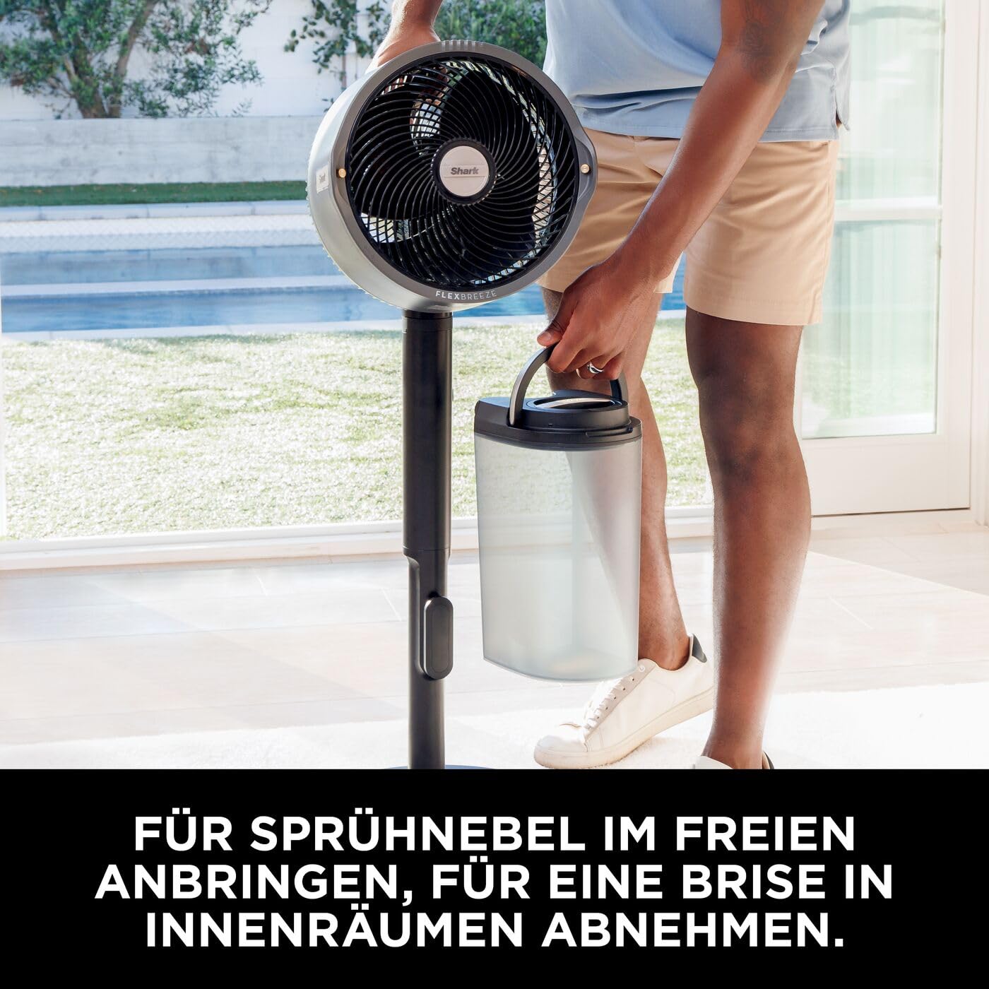 Shark 'FlexBreeze Pro Mist' battery-powered fan for indoor and outdoor use with spray system and remote control