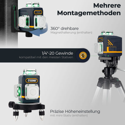 Cross line laser, CIGMAN (3x360 degrees) Green: Self-leveling laser spirit level, construction laser