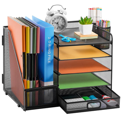 Desk organizer with file holder: 5 storage compartments with drawer, 2 pen holders (black)