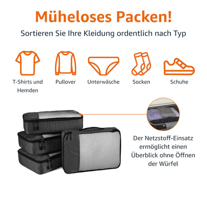 Amazon Basics Packing Cube Set for Suitcase, Travel Organizer, Zipper, 4 Pieces, 1 Pack, Medium, Black