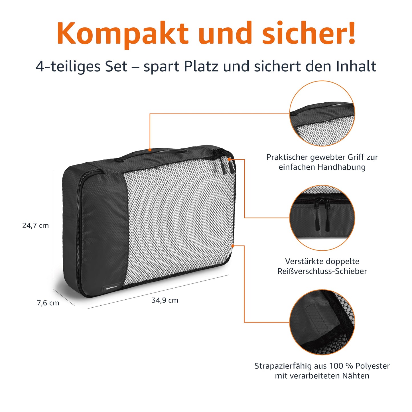 Amazon Basics Packing Cube Set for Suitcase, Travel Organizer, Zipper, 4 Pieces, 1 Pack, Medium, Black