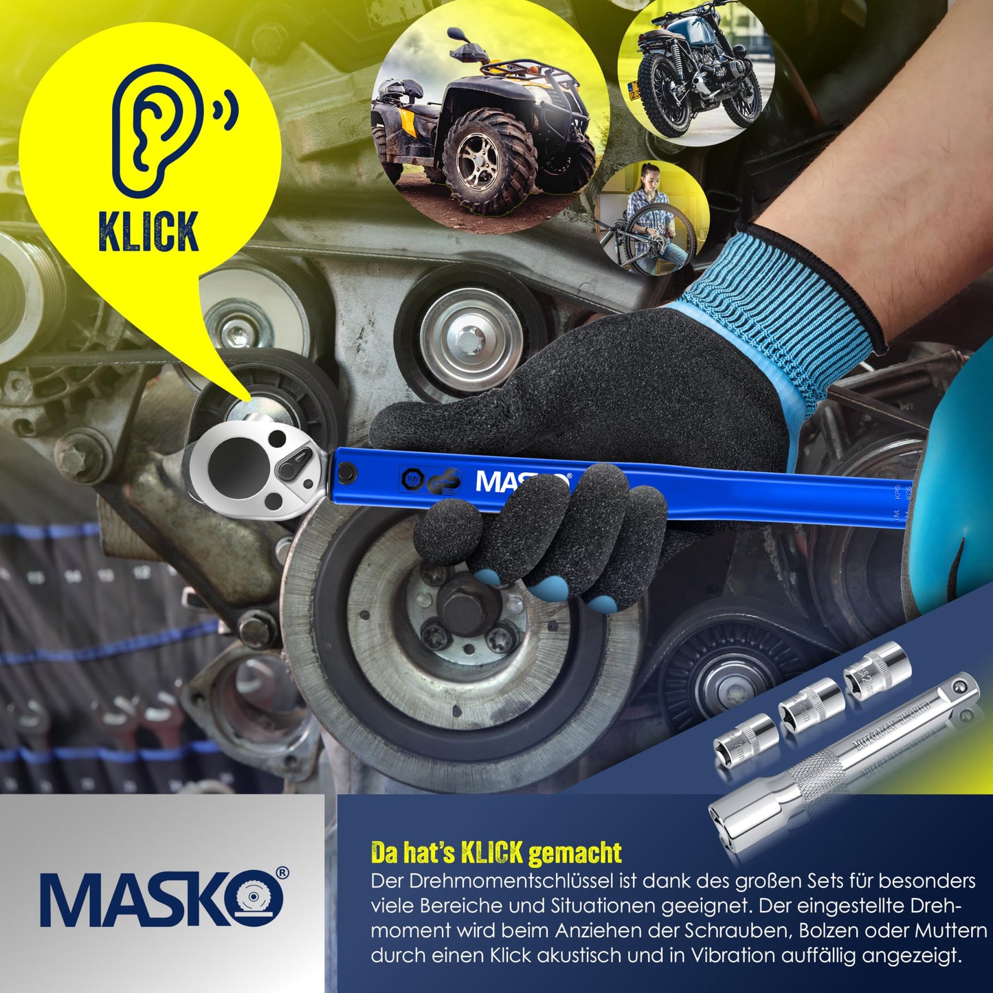 MASKO® Drehmomentschlüssel (6-teilig): 40-210Nm 1/2' CV inkl. 3 Stecknüsse + Montagehandschuhe Koffer