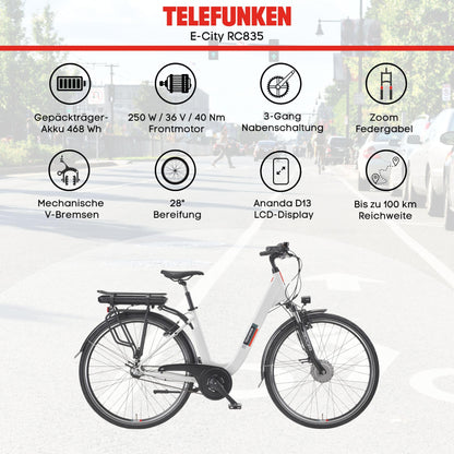 TELEFUNKEN (RC835) multi-talented e-bike for women: front motor, 3-speed, V-brakes