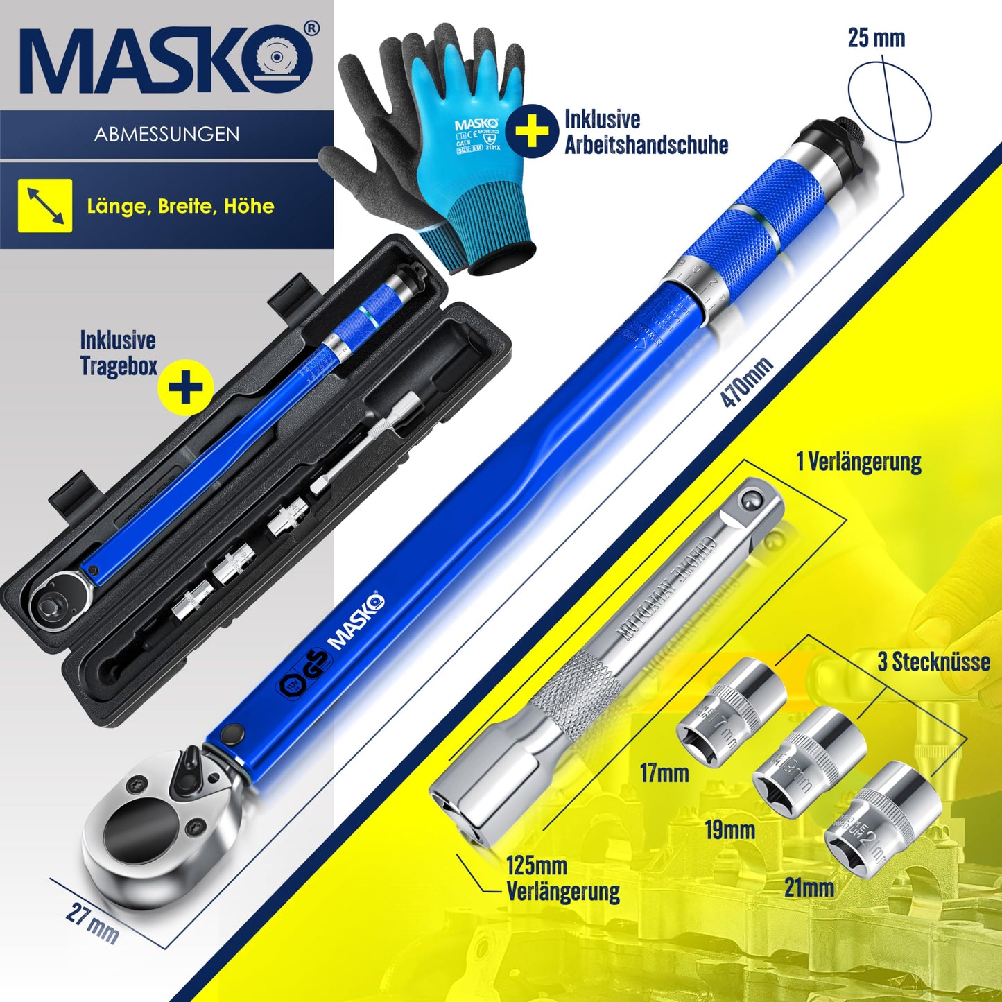 MASKO® Drehmomentschlüssel (6-teilig): 40-210Nm 1/2' CV inkl. 3 Stecknüsse + Montagehandschuhe Koffer